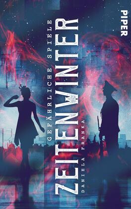 Das Buchcover zeigt eine dynamische, futuristische Szene in leuchtenden Farben von Blau, Lila und Pink. Im Vordergrund sind zwei silhuettenhafte Figuren, eine mit erhobener Hand und die andere in einem Hut, die vor einer urbanen Kulisse stehen. Der Titel „ZEITENWINTER“ ist in großen, auffälligen Buchstaben vertikal angeordnet, ergänzt durch den Untertitel „Gefährliche Spiele“ und den Autorennamen „Daniela Franka“ in kleineren Schriftzügen. Die Atmosphäre vermittelt Spannung und Geheimnis.