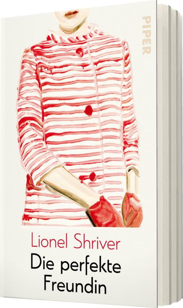 Das Buchcover zeigt eine stilisierte Illustration einer Person in einem rot-weiß gestreiften Mantel mit roten Handschuhen. Die Figur hat eine neutrale Mimik und ist nur teilweise sichtbar. Der Titel „Die perfekte Freundin“ steht in schwarzer, moderner Schrift. Unter dem Titel ist der Name des Autors Lionel Shriver in kleinerer Schriftgröße platziert. Der Hintergrund ist schlicht und hell, wodurch die Farben des Mantels und der Handschuhe hervorstechen.