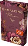 Das Buchcover zeigt einen tiefen violetten Hintergrund, geschmückt mit aufwendigen, bunten Blumen in sanften Farben wie Rosa und Gelb. In der Mitte steht der Titel „UNMASKING“ in goldener, eleganter Schrift, gefolgt von „Billionaires' Row“ und dem Wort „Roman“ darunter in einer etwas kleineren Schrift. Der Autorinnenname „KATHINKA ENGEL“ ist ebenfalls in goldener Schrift platziert. In der oberen rechten Ecke befindet sich ein roter Sticker mit dem Text „SPIEGEL Bestseller-Autorin“.