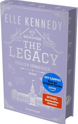 Das Buchcover zeigt ein nahezu weißes, minimalistisches Design mit großer, schwarzer, schmaler serifenloser Schrift für den Titel „THE LEGACY“, darüber in etwas kleinerer schwarzer Großschrift der Autorinnenname „ELLE KENNEDY“ und darunter die Unterzeile „ENDLICH ERWACHSEN“. Ein diagonales rotes Banner oben rechts trägt in weißer Großschrift „VORLÄUFIGES COVER“. Die Gestaltung wirkt kühl, modern und nüchtern.
