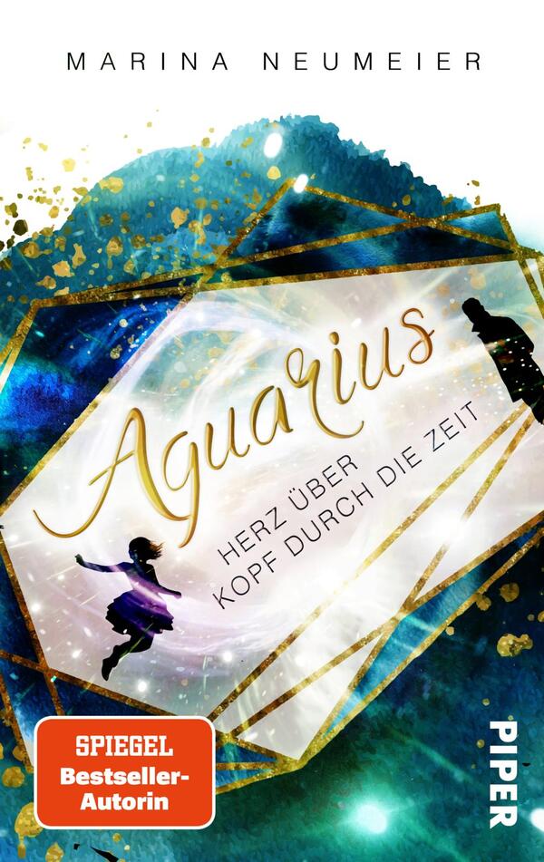 Das Buchcover zeigt einen aquamarinfarbenen Hintergrund mit goldenen Akzenten. Im Zentrum steht der Titel „Aquarius“ in eleganter, geschwungener Schrift, darunter der Untertitel „Herz über Kopf durch die Zeit“. Eine silhouettenhafte Figur, die tänzerisch wirkt, ist links abgebildet. Der Gesamteindruck vermittelt eine traumhafte und nostalgische Atmosphäre. Der Name der Autorin, Marina Neumeier, ist oben positioniert. Rechts unten befindet sich das Verlagslogo „PIPER“.