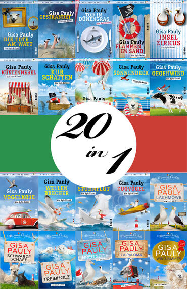 Das Buchcover zeigt eine Collage zahlreicher kleiner, maritim gestalteter Buchumschläge mit Strand-, Meer- und Tiermotiven (Möwen, Strandkörbe, Boote, Kühe). Mittig verlaufen ein grüner und ein roter Querstreifen, darüber ein weißes rundes Emblem (wie ein Button) mit schwarzer kalligrafischer Schrift „20 in 1“. Titelschriften sind überwiegend groß und klar; der Autorname „Gisa Pauly“ erscheint wiederholt. Die Stimmung wirkt heiter, sommerlich und leicht humorvoll.