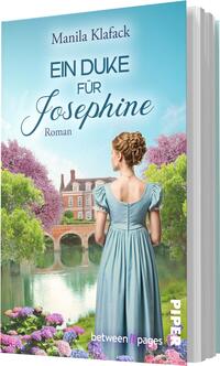 Das Buchcover zeigt eine junge Frau mit leicht gewelltem, braunem Haar, die ein sanftes, hellblaues Kleid trägt. Sie steht vor einer malerischen Szenerie mit blühenden Bäumen und einem idyllischen Wasserlauf, hinter dem ein romantisches Gebäude sichtbar ist. Der Titel „EIN DUKE FÜR JOSEPHINE“ ist in elegantem, geschwungenem Schriftzug in Dunkelblau oben platziert. Der Name der Autorin, Manila Klafack, steht in kleinerer Schriftgröße am oberen Rand. Die Farben sind sanft und warm, was eine romantische Atmosphäre vermittelt.