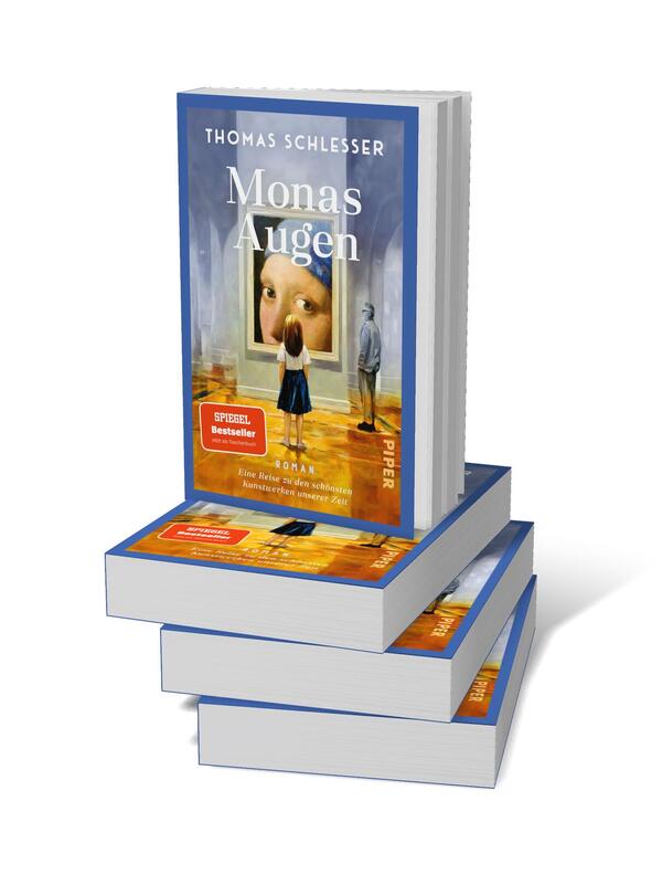 Bücherstapel des Buches „Monas Augen – Eine Reise zu den schönsten Kunstwerken unserer Zeit“