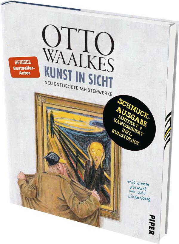 Das Buchcover zeigt eine illustration von Otto Waalkes, die eine Person darstellt, die vor einem berühmten Gemälde steht. Die Farbpalette ist vielfältig und lebhaft, mit dominierenden Gelb- und Blautönen. Der Titel „KUNST IN SICHT“ steht in großen, auffälligen Buchstaben, während der Autorennamen „OTTO WAALKES“ darüber in markanter Schrift platziert ist. Ein rotes Banner signalisiert „SPIEGEL Bestseller-Autor“. Unten befindet sich der Zusatz „mit einem Vorwort von Udo Lindenberg“.