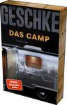 Das Buchcover zeigt einen silbernen Wohnanhänger, der in der Dämmerung steht. Die Farbpalette umfasst dunkle Töne, die eine geheimnisvolle Atmosphäre erzeugen. Der Titel „DAS CAMP“ ist in großen, orangefarbenen Buchstaben prominent platziert, während der Zusatz „THRILLER“ in kleinerer Schrift darunter steht. Der Autor Linus Geschke ist ebenfalls deutlich sichtbar, oben in schwarzer Schrift. Ein rotes Schild am unteren Rand kennzeichnet „SPIEGEL Bestseller-Autor“.
