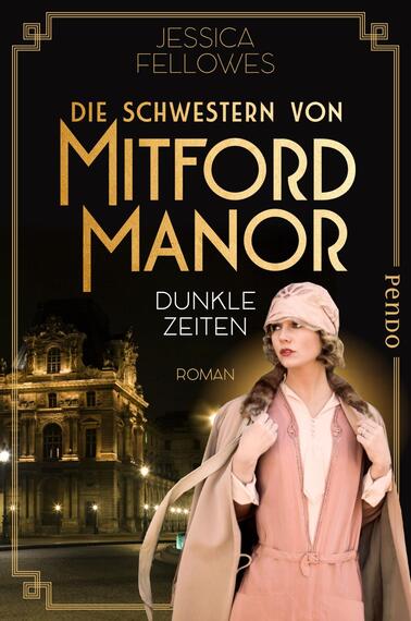 Das Buchcover zeigt eine elegante Frau in historischer Kleidung vor einer imposanten architektonischen Kulisse, die an ein Herrenhaus erinnert. Die Farben sind überwiegend in warmen Gold- und Brauntönen gehalten, die eine nostalgische Atmosphäre erzeugen. Der Titel „Die Schwestern von Mitford Manor“ ist in großer, goldener Schrift hervorgehoben, während der Untertitel „Dunkle Zeiten“ in kleinerer, schlichter Schrift platziert ist. Der Name der Autorin, Jessica Fellowes, steht oben auf dem Cover.