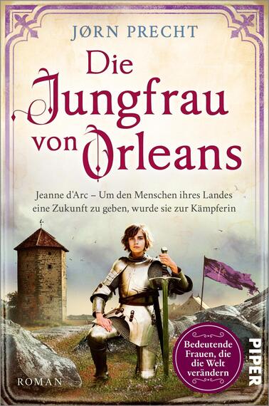 Das Buchcover zeigt eine abgebildete Szene mit einer mittelalterlich gekleideten Frau in Rüstung, die entschlossen in die Kamera blickt. Sie ist vor einer Burgruine platziert, im Hintergrund sind weite Felder zu sehen, die in sanften Farben gehalten sind. Der Titel „Die Jungfrau von Orleans“ ist in großem, rotem Schriftzug oben auf dem Cover platziert. Darunter steht der Untertitel „Jeanne d'Arc – Um den Menschen ihres Landes eine Zukunft zu geben, wurde sie zur Kämpferin“ in kleinerer, schlichterer Schrift. Am unteren Rand befindet sich der Verweis auf die Reihe „Bedeutende Frauen, die die Welt verändern“.