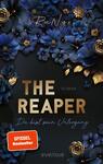 Das Buchcover zeigt eine dunkle Hintergrundfarbe, die von einer Vielzahl in Blau- und Goldtönen gestalteter Blumen umrahmt wird. In der Mitte prangt der Titel „THE REAPER“ in großen, goldenen Buchstaben, darunter steht „ROMAN“ in etwas kleinerer Schrift. Der Untertitel „Du bist sein Untergang“ ist in geschwungener, heller Schrift am unteren Rand platziert. Oben links befindet sich der Autorenname „RuNyx“. Eine runde Leiste mit der Aufschrift „UNSERE LESEEMPFEHLUNG: AB 18 JAHRE CONTENTWARNUNG BEACHTEN“ ergänzt das Cover.