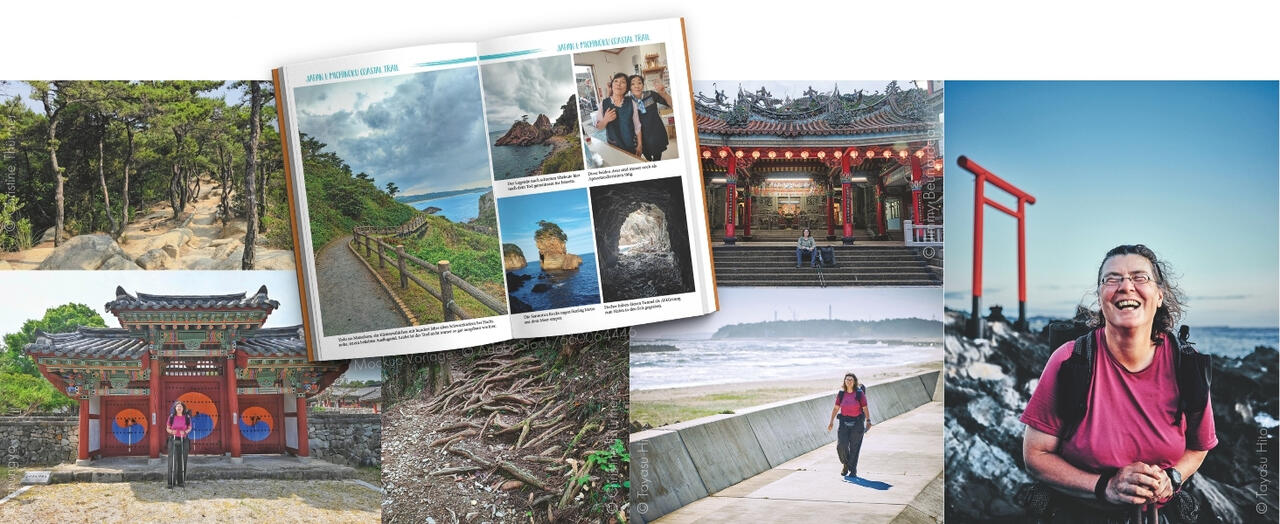 Fotocollage von Thürmers Wanderreise in Ostasien sowie Blick ins Buch-Bild