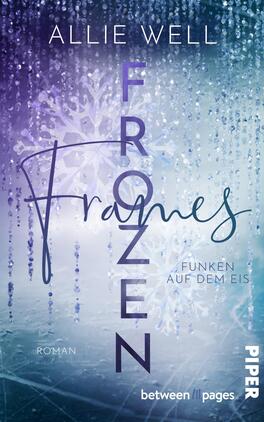 Das Buchcover zeigt oben den Autorennamen „Allie Well“, den Titel „FROZEN“ vertikal in klarer, schlanker Großbuchstaben‑Sans‑Serif und darübergelegt die kalligrafische, geschwungene Schrift „Frames“. Im Hintergrund ein Verlauf von Eisblau zu Violett mit funkelnden Eistropfen, hängenden Kristalltropfen und angedeuteten Schneeflocken. Farbwirkung kühl und glitzernd, typografischer Kontrast zwischen serifenloser Großschrift und handschriftlicher Leichtigkeit; rechts kleingedruckt „Funken auf dem Eis“.