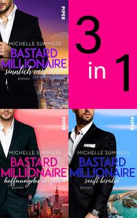 Das Buchcover zeigt eine Collage aus drei Buchcovern mit dem Titel „Bastard Millionaire“ von Michelle Summers. Oben links ist ein Mann in einem schwarzen Anzug mit einem weißen Hemd abgebildet, Hintergrund in sanften Gelbtönen. Oben rechts ist eine große, pinkfarbene Zahl „3 in 1“ prominent platziert. Unten links und unten rechts sind jeweils andere Männer in Anzügen vor urbanen Hintergründen zu sehen, begleitet von den Titeln „hoffnungslos verfällt“ und „sanft berührt“. Die Farbgestaltung ist insgesamt lebhaft und ansprechend.