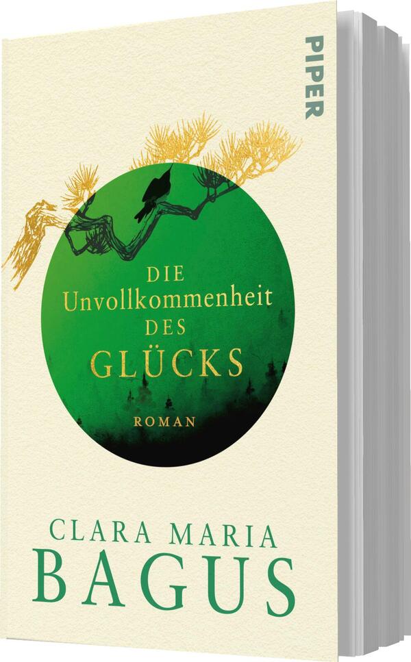 Das Buchcover zeigt einen sanften, cremefarbenen Hintergrund mit einem großen, grünen Kreis in der Mitte. In diesem Kreis sind Silhouetten von Bäumen und Vögeln zu sehen, die eine mystische Atmosphäre erzeugen. Der Titel „Die Unvollkommenheit des Glücks“ ist zentral platziert, die Schrift ist elegant und in Schwarz gehalten. Darunter steht „Roman“ in kleinerer Schrift. Der Autorinnenname „Clara Maria Bagus“ erscheint am unteren Rand in einer auffälligen, grünen Schrift.