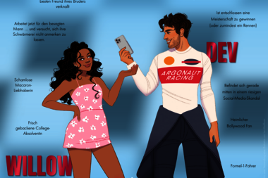Diese Grafik zeigt die Charaktere Willow im rosa Kleid und Dev im Rennsportanzug aus Simone Soltanis 'Cross The Line'. Willow ist Macaron-Liebhaberin und College-Absolventin. Dev ist ein Formel-1-Fahrer und heimlicher Bollywood-Fan.