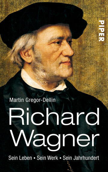 Das Buchcover zeigt ein portraithaftes Bild von Richard Wagner, der mit einem schwarzen Hut und einem dunklen Umhang abgebildet ist. Sein Gesichtsausdruck strahlt Nachdenklichkeit aus. Die Farbpalette umfasst Erdtöne und sanfte Grauschattierungen. Der Titel „Richard Wagner“ ist in großen weißen Buchstaben prominent platziert, während der Untertitel „Sein Leben • Sein Werk • Sein Jahrhundert“ in etwas kleinerer Schrift darunter steht. Der Autor „Martin Gregor-Dellin“ ist ebenfalls in kleinerer Schrift oberhalb des Titels zu sehen.