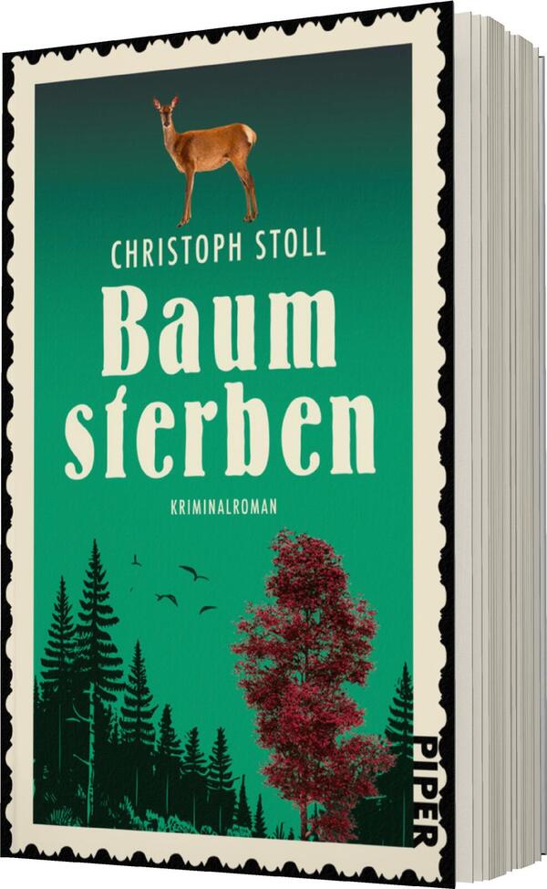 Das Buchcover zeigt eine stilisierte Waldlandschaft in verschiedenen Grüntönen, überlagert von einem Wasserfarbeneffekt. Im oberen Bereich ist ein Reh abgebildet, das auf einer Baumwurzel steht. Der Titel „Baumsterben“ ist in großen, weißen, geschwungenen Buchstaben zentral platziert, während der Autor „Christoph Stoll“ in schlichter, schwarzer Schrift darüber positioniert ist. Unten rechts erscheint das Verlagslogo „PIPER“. Der Gesamteindruck vermittelt eine geheimnisvoll-düstere Atmosphäre, die die Kriminalromangeschichte unterstreicht.