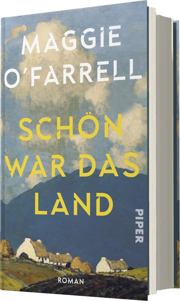 Das Buchcover zeigt eine malerische Landschaft mit sanften Hügeln und wolkenverhangenen Himmel. Im Vordergrund sind weiße Häuser mit roten Dächern abgebildet. Der Titel „SCHÖN WAR DAS LAND“ ist in großen, gelben Buchstaben platziert, während der Autorennamen „MAGGIE O'FARRELL“ in schlichten, weißen Großbuchstaben oben steht. Das Cover strahlt eine ruhige, nostalgische Atmosphäre aus. Verlagsname „PIPER“ ist ebenfalls sichtbar.