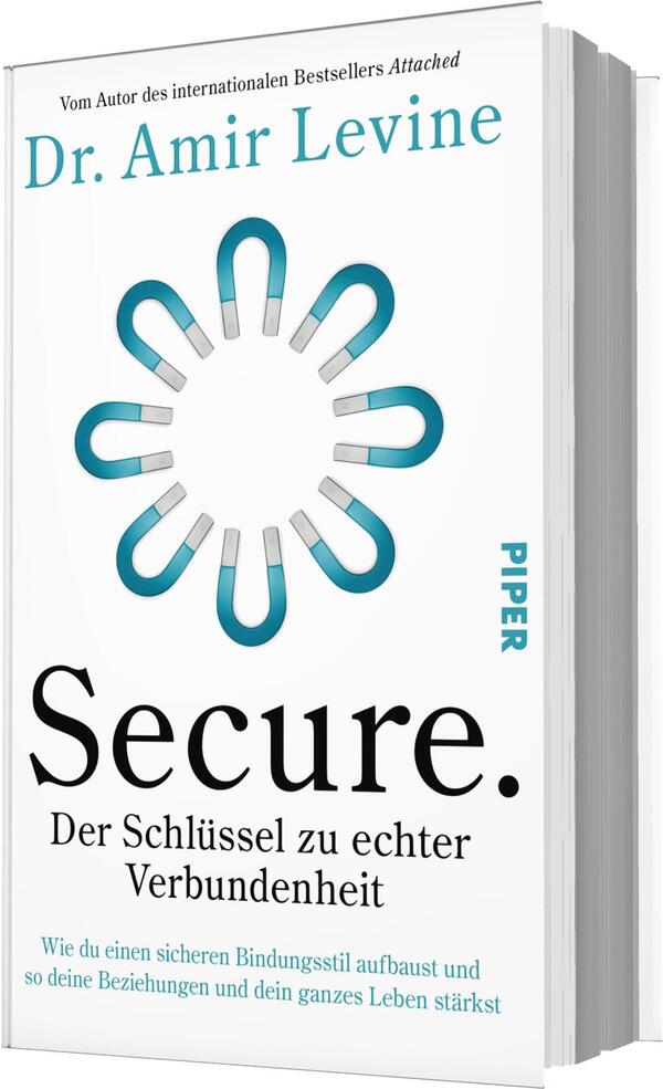 Das Buchcover zeigt auf einem weißen Hintergrund den Titel „Secure.“ in auffälliger Schrift, unterlegt mit dem Untertitel „Der Schlüssel zu echter Verbundenheit“. Um den Titel herum sind stilisierte, halbkreisförmige Symbole in Türkis angeordnet, die an Verbindungselemente erinnern. Am oberen Rand steht „Dr. Amir Levine“, der Autor, in einer hellblauen Schrift. Am rechten Rand ist das Verlagslogo „PIPER“ in schlichter schwarzer Schrift zu sehen. Die Atmosphäre vermittelt ein Gefühl von Klarheit und Sicherheit.