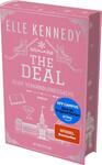 Das Buchcover zeigt einen durchgehend rosa Hintergrund. Oben steht der Autorenname Elle Kennedy in großen weißen Versalien. Zentral prangt der weiße Titel „THE DEAL“ mit der Unterzeile „REINE VERHANDLUNGSSACHE“. Weiß gezeichnete Symbole – gekreuzte Schlittschuhe und Hockeyschläger, Schneeflocke, Buch, Pokal, Notenzeichen und ein Universitätsgebäude – vermitteln Collegestimmung. Zwei Aufkleber: blauer Kreis „OFF CAMPUS Now an Original Series prime“ und oranger Kasten „SPIEGEL Bestseller-Autorin“.