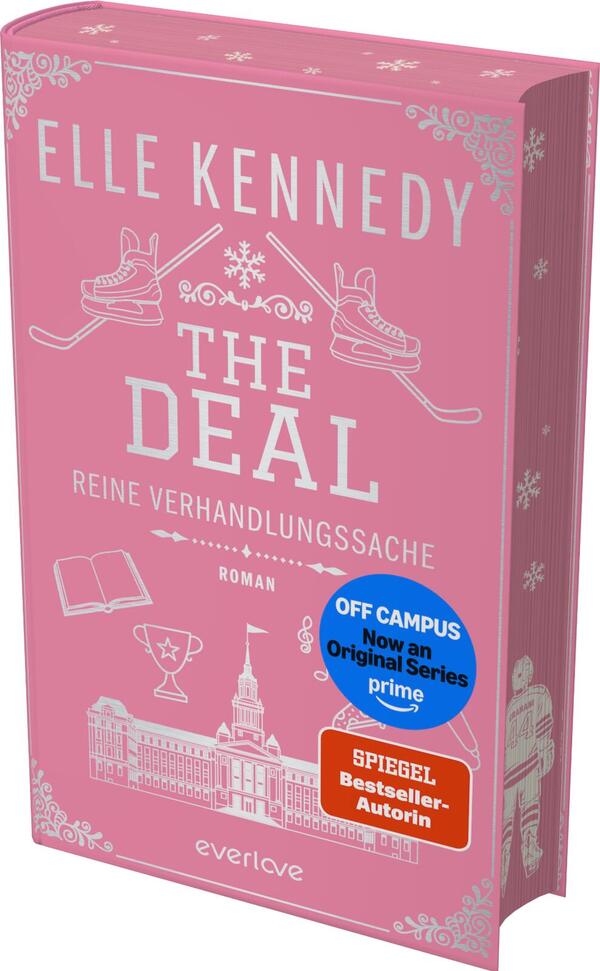 Das Buchcover zeigt einen durchgehend rosa Hintergrund. Oben steht der Autorenname Elle Kennedy in großen weißen Versalien. Zentral prangt der weiße Titel „THE DEAL“ mit der Unterzeile „REINE VERHANDLUNGSSACHE“. Weiß gezeichnete Symbole – gekreuzte Schlittschuhe und Hockeyschläger, Schneeflocke, Buch, Pokal, Notenzeichen und ein Universitätsgebäude – vermitteln Collegestimmung. Zwei Aufkleber: blauer Kreis „OFF CAMPUS Now an Original Series prime“ und oranger Kasten „SPIEGEL Bestseller-Autorin“.