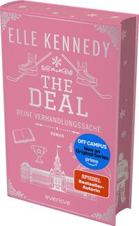 Das Buchcover zeigt einen durchgehend rosa Hintergrund. Oben steht der Autorenname Elle Kennedy in großen weißen Versalien. Zentral prangt der weiße Titel „THE DEAL“ mit der Unterzeile „REINE VERHANDLUNGSSACHE“. Weiß gezeichnete Symbole – gekreuzte Schlittschuhe und Hockeyschläger, Schneeflocke, Buch, Pokal, Notenzeichen und ein Universitätsgebäude – vermitteln Collegestimmung. Zwei Aufkleber: blauer Kreis „OFF CAMPUS Now an Original Series prime“ und oranger Kasten „SPIEGEL Bestseller-Autorin“.