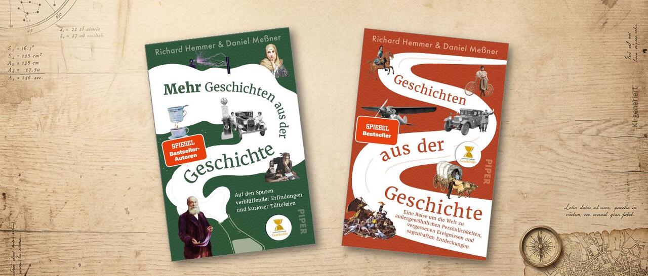 Die beiden Bücher „Geschichten aus der Geschichte“ und „Mehr Geschichten aus der Geschichte“ liegen auf einer historischen Papierkarte.