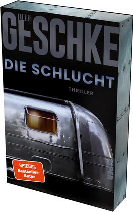 Das Buchcover zeigt einen glänzenden, silbernen Anhänger mit einem kühlen, industriellen Hintergrund. Oben ist der Titel „DIE SCHLUCHT“ in großen, schwarzen Buchstaben platziert, darunter steht „THRILLER“ in kleinerer Schrift. Der Name des Autors, Linus Geschke, wird prominent oben in Weiß angezeigt. In der unteren rechten Ecke befindet sich ein rotes Label mit dem Text „SPIEGEL Bestseller-Autor“. Die gesamte Gestaltung vermittelt eine düstere und spannungsgeladene Atmosphäre.