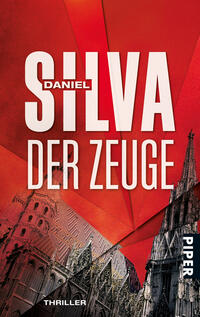 Das Buchcover zeigt einen dynamischen, geometrischen Hintergrund in verschiedenen Rottönen. In großen, weißen Buchstaben steht der Titel „DER ZEUGE“ unter dem Autorennamen „DANIEL SILVA“. Die Schrift ist modern und markant, was die Spannung des Thrillers unterstreicht. Im unteren Bereich sind stilisierte architektonische Elemente zu sehen, die an gotische Kathedralen erinnern und dem Cover einen dramatischen, mysteriösen Charakter verleihen. Das Wort „THRILLER“ ist in kleinerer Schrift am rechten Rand platziert.