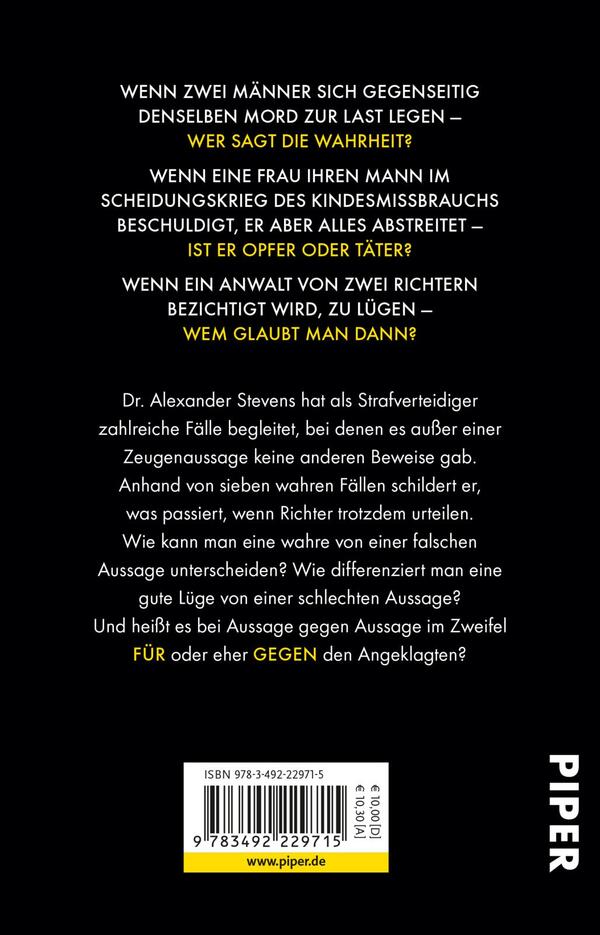 Rückansicht des Buches „Aussage gegen Aussage“