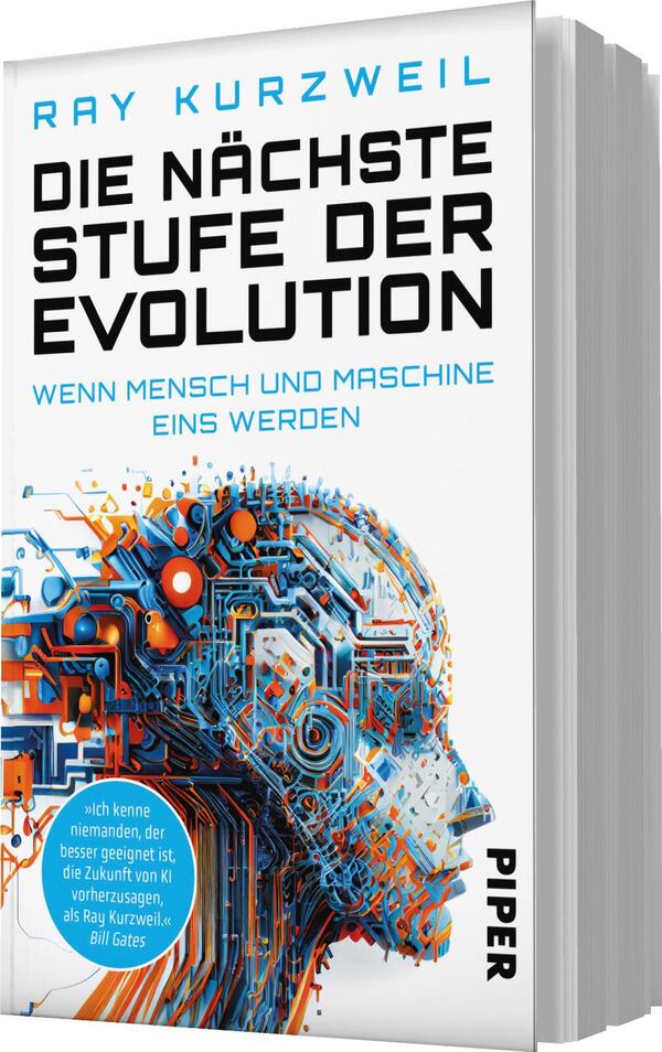 Das Buchcover zeigt ein futuristisches, grafisches Design mit einem schematischen Kopf, der aus blauen, orangefarbenen und weißen elektronischen Komponenten besteht. Der Titel „DIE NÄCHSTE STUFE DER EVOLUTION“ ist groß und schwarz, während der Untertitel „WENN MENSCH UND MASCHINE EINS WERDEN“ in einer helleren Schriftgröße in Blau darunter platziert ist. Der Autor Ray Kurzweil wird prominent oben auf dem Cover genannt. Das Cover vermittelt eine technologische und visionäre Atmosphäre.