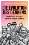 Das Buchcover zeigt eine Gruppe historischer Persönlichkeiten in einem skizzenhaften, comicartigen Stil. Die Farben verlaufen von orange zu pink im Hintergrund, was eine lebendige Atmosphäre schafft. Der Titel „DIE EVOLUTION DES DENKENS“ ist in Großbuchstaben, kräftig und schwarz hervorgehoben, während der Untertitel „DAS MODERNE WELTBIILD – UND WEM WIR ES VERDANKEN“ kleiner und in einer subtileren Schriftart platziert ist. Der Autor „Michael Schmidt-Salomon“ ist prominent auf dem Cover positioniert.