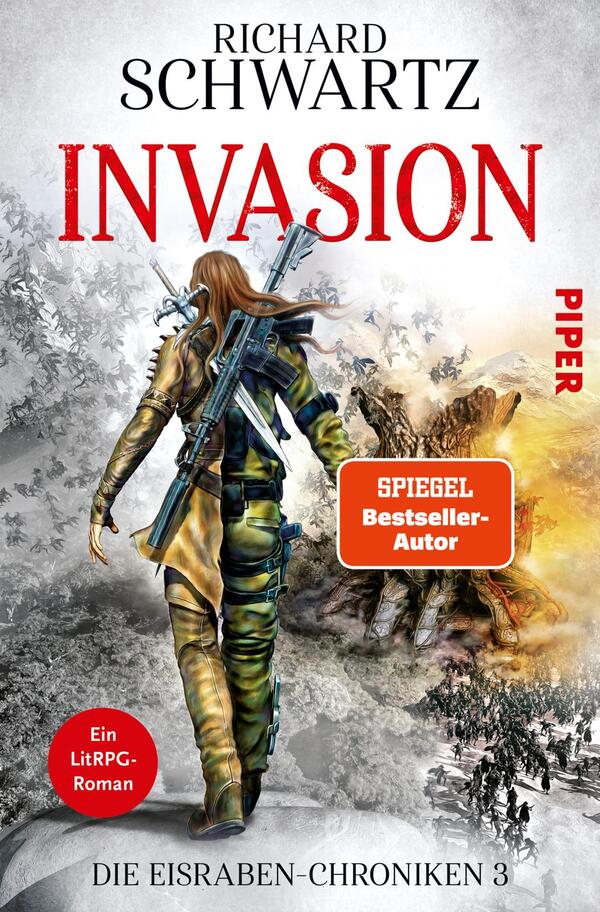 Das Buchcover zeigt eine dynamische Szene mit einer weiblichen Figur, die von hinten zu sehen ist. Sie trägt eine grüne Weste und hält ein Gewehr, während sie in eine futuristische Landschaft blickt. Die Farbpalette besteht aus dunklen Tönen mit kräftigen roten Akzenten. Der Titel „INVASION“ und der Autor Richard Schwartz sind in markanten, großen Buchstaben platziert. Oben rechts befindet sich ein Hinweis auf den „Spiegel Bestseller-Autor“ in orangefarbener Box. Unten links ist der Hinweis „Ein LitRPG-Roman“ in einem roten Kreis.