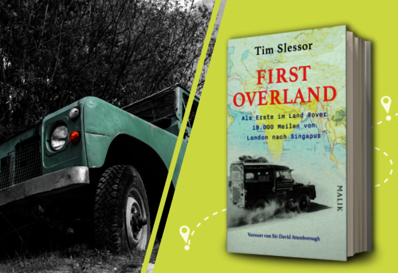 Tim Slessors „First Overland“ mit einem Land Rover im Hintergrund