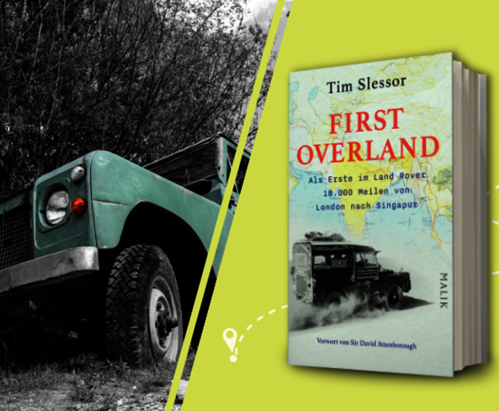 Tim Slessors „First Overland“ mit einem Land Rover im Hintergrund
