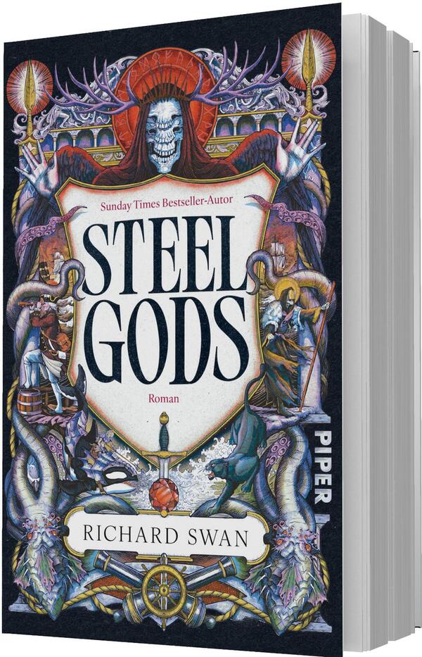 Das Buchcover zeigt eine düstere, phantastische Illustration: ein schädelköpfiger Kapuzenmann mit Geweih über einem schildförmigen weißen Feld, auf dem in großen serifenbetonten Versalien der Titel „STEEL GODS“ steht. Ornamentale, gold- und purpurne Verzierungen, Tentakel, Meereswesen, Schwertspitze und Steuerrad rahmen das Motiv. Farbpalette: dunkles Blau/Schwarz, Rot- und Violetttöne. Unten Name des Autors: Richard Swan.