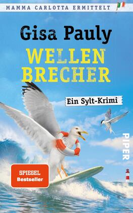 Das Buchcover zeigt eine dynamische Strandkulisse mit einem kräftigen blauen Himmel, der die Urlaubsatmosphäre unterstreicht. Im Vordergrund ist eine stilisierte Möwe mit einem Surfbrett abgebildet, die lebendig in die Wellen eintaucht. Der Titel „Wellenbrecher“ ist in auffälligem Gelb gehalten und sticht zusammen mit dem Schriftzug „Gisa Pauly“ in Schwarz hervor. Darunter befindet sich in hellgrau die Zusatzinformation „Ein Sylt-Krimi“. Ein rotes Feld für „SPIEGEL Bestseller“ hebt sich deutlich vom Hintergrund ab.