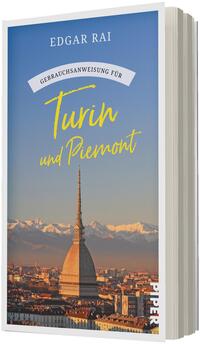 Das Buchcover zeigt ein Foto von Turin mit der Mole Antonelliana im Vordergrund und schneebedeckten Alpen im Hintergrund bei warmem Abendlicht, der Himmel verläuft von Blau zu warmen Gelbtönen. Der Titel „Turin und Piemont“ steht in gelber, handschriftlicher Script-Typografie, darüber auf einem weißen Bogen die Wortfolge „Gebrauchsanweisung für“ in serifenloser Schrift; oben in Großbuchstaben der Autorenname Edgar Rai in Weiß. Insgesamt wirkt das Cover einladend und reisefreundlich.