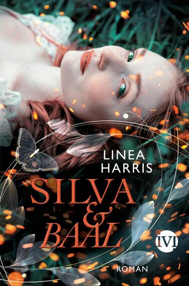 Das Buchcover zeigt eine junge Frau mit roten Haaren, die auf einem grünen Untergrund liegt. Ihr Blick ist mystisch und nachdenklich. Um sie herum schweben gelbe Lichtpunkte und filigrane, weiße Linien, die eine lebendige Atmosphäre schaffen. Der Titel „SILVA & BAAL“ ist zentral in eleganter, orangefarbener Schrift platziert, darüber steht der Name der Autorin „LINEA HARRIS“. Das Cover vermittelt eine geheimnisvolle und träumerische Stimmung.
