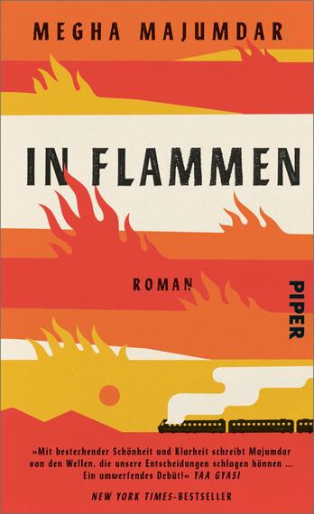 Das Buchcover zeigt eine dramatische, farbenfrohe Illustration mit kräftigen Rottönen, die Flammen darstellen und sich am oberen Rand des Covers konzentrieren. Darunter befindet sich der Titel „IN FLAMMEN“ in großen, schwarzen Buchstaben, gefolgt von dem Wort „Roman“ in kleinerer Schrift. Am unteren Rand ist das Verlagslogo „PIPER“ in schwarz und eine Anmerkung „NEW YORK TIMES-BESTSELLER“ zu sehen. Die Gestaltung vermittelt eine intensive und spannungsgeladene Atmosphäre.