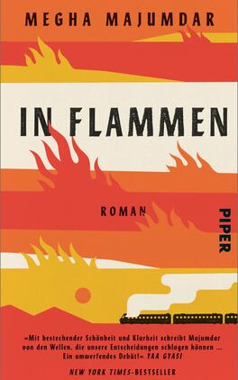 Das Buchcover zeigt eine dramatische, farbenfrohe Illustration mit kräftigen Rottönen, die Flammen darstellen und sich am oberen Rand des Covers konzentrieren. Darunter befindet sich der Titel „IN FLAMMEN“ in großen, schwarzen Buchstaben, gefolgt von dem Wort „Roman“ in kleinerer Schrift. Am unteren Rand ist das Verlagslogo „PIPER“ in schwarz und eine Anmerkung „NEW YORK TIMES-BESTSELLER“ zu sehen. Die Gestaltung vermittelt eine intensive und spannungsgeladene Atmosphäre.