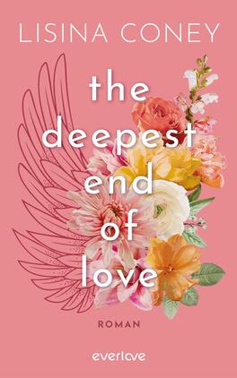 Das Buchcover zeigt einen sanften rosa Hintergrund, vor dem üppige, bunte Blumen in verschiedenen Formen und Farben angeordnet sind. Mittig steht der Titel „the deepest end of love“ in großen, weißen Buchstaben, unter dem sich das Wort „ROMAN“ in einer kleineren Schriftgröße befindet. Oben links ist der Autorenname „Lisina Coney“ in einer eleganten, weißen Schrift platziert. Das Gesamtbild vermittelt eine romantische und einladende Atmosphäre.