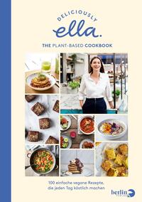 Das Buchcover zeigt eine helle, pastellfarbene Hintergrundfarbe. Oben ist in verspielter, blauer Schrift der Titel „deliciously ella.“ platziert, gefolgt von dem Untertitel „THE PLANT-BASED COOKBOOK“ in schlichterer, kleinerer Schrift. In einem Raster sind verschiedene appetitliche, vegane Gerichte abgebildet, ergänzt durch ein Porträt der Autorin mit lächelndem Gesicht. Unten steht der Text: „100 einfache vegane Rezepte, die jeden Tag köstlich machen.“ Die Atmosphäre vermittelt Frische und Genuss.