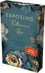 Das Buchcover zeigt einen eleganten türkisfarbenen Hintergrund, der mit üppigen, goldenen und pastellfarbenen floralen Mustern verziert ist. Der Titel „Exposing Billionaires' Row“ ist in großen, geschwungenen, weißen Buchstaben hervorgehoben. Darunter steht „Roman“ in goldener Schrift. Der Autorenname „Kathinka Engel“ ist ebenfalls in goldener Schrift platziert. Ein rotes Label mit dem Text „SPIEGEL-Bestseller-Autorin“ zieht die Aufmerksamkeit auf sich.
