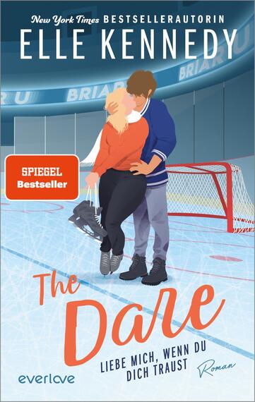 Das Buchcover zeigt ein farbenfrohes, illustratives Design mit einem Pärchen, das sich in einer Umarmung auf einer Eisfläche befindet. Die Frau trägt einen roten Pullover und einen weißen Rock, der Mann ist in blau gekleidet. Im Hintergrund ist eine Eishockeyarena zu erkennen, die den Sportkontext hervorhebt. Der Titel „The Dare“ ist in großen, lockeren, rot-orangenen Buchstaben unterhalb des Pärchens platziert. Die Schriftart vermittelt eine jugendliche, lebendige Atmosphäre. Oben steht „New York Times Bestsellerautorin Elle Kennedy“ und „SPIEGEL Bestseller“ ist in einem roten Kasten hervorgehoben.