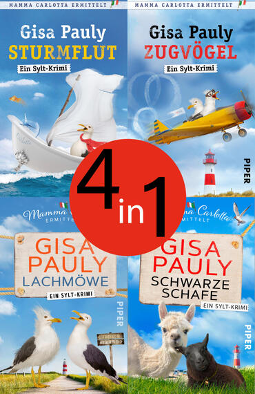 Das Buchcover zeigt eine Collage aus vier Covermotiven vor hellblauem Himmel mit Wolken und Meer: ein weißes Segelboot mit Möwen, ein gelbes Flugzeug über einem roten Leuchtturm sowie ein Alpaka und ein schwarzes Schaf auf Gras. Der Autorenname „Gisa Pauly“ ist prominent, die Titelschrift farbig und fett (u. a. „STURMFLUT“ gelb, „ZUGVÖGEL“ rot). Oben „Mamma Carlotta ermittelt“, unten „Ein Sylt-Krimi“. Roter runder Aufkleber mit der Aufschrift „4 in 1“.