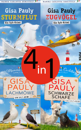 Das Buchcover zeigt eine Collage aus vier Covermotiven vor hellblauem Himmel mit Wolken und Meer: ein weißes Segelboot mit Möwen, ein gelbes Flugzeug über einem roten Leuchtturm sowie ein Alpaka und ein schwarzes Schaf auf Gras. Der Autorenname „Gisa Pauly“ ist prominent, die Titelschrift farbig und fett (u. a. „STURMFLUT“ gelb, „ZUGVÖGEL“ rot). Oben „Mamma Carlotta ermittelt“, unten „Ein Sylt-Krimi“. Roter runder Aufkleber mit der Aufschrift „4 in 1“.