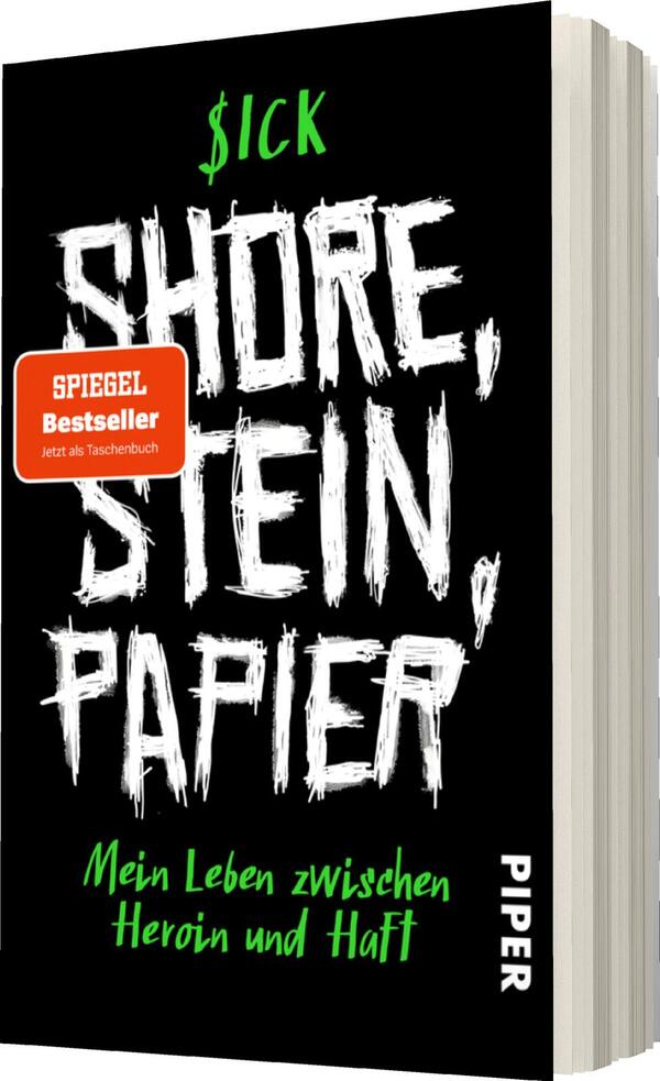 Das Buchcover zeigt einen schwarzen Hintergrund, auf dem der Titel „SHORE, STEIN, PAPIER“ in auffälliger, weißer, grob geschriebener Typografie hervorsticht. Der Zusatz „$ICK“ in leuchtendem Grün platziert sich oberhalb des Titels. Unten steht der Untertitel „Mein Leben zwischen Heroin und Haft“ in schlichter, weißer Schrift. Ein rotes Emblem mit dem Text „SPIEGEL Bestseller“ ist oben links angebracht. Das Cover vermittelt eine düstere und dramatische Stimmung.