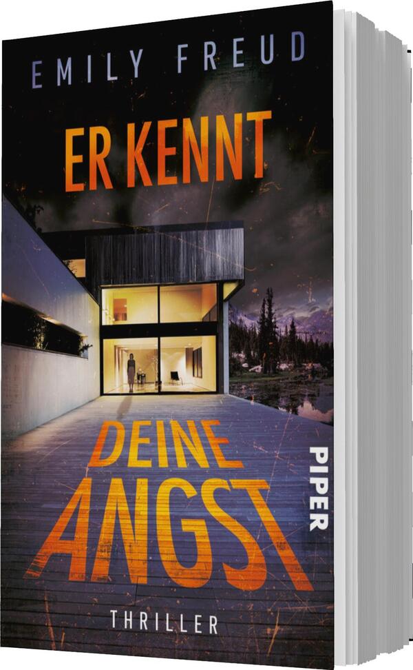 Das Buchcover zeigt ein modernes, kantiges Gebäude in einer düsteren Umgebung, das bei Nacht beleuchtet ist. Im Vordergrund steht in auffälliger, orangefarbener Typografie der Titel „DEINE ANGST“, während darüber der Schriftzug „ER KENNT“ leuchtet. Der Name der Autorin, Emily Freud, befindet sich oben auf dem Cover, und das Wort „THRILLER“ ist dezent platziert. Die Farbgebung erzeugt eine spannungsgeladene Atmosphäre, die auf einen psychologischen Thriller hinweist.