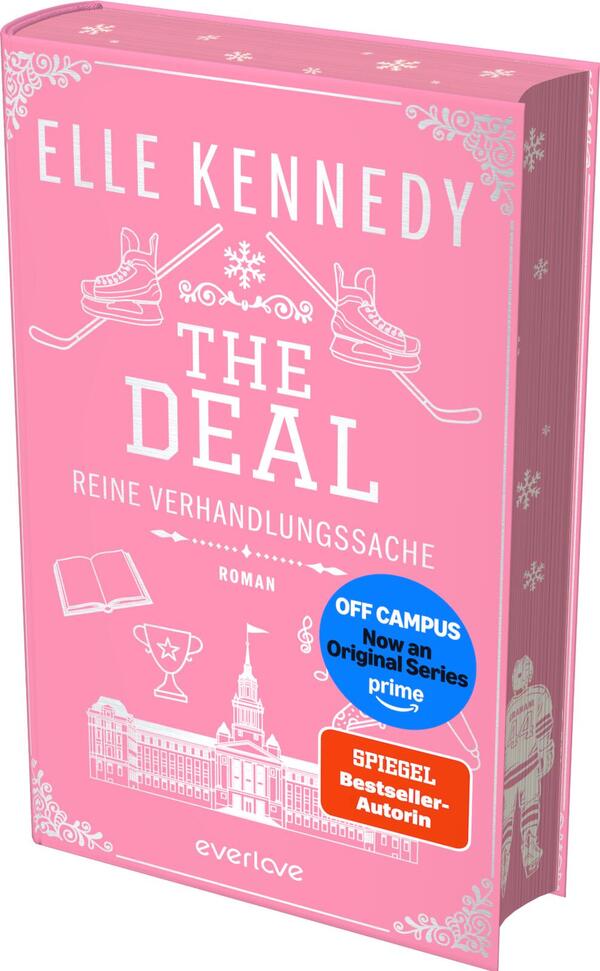 Das Buchcover zeigt einen durchgehend rosa Hintergrund. Oben steht der Autorenname Elle Kennedy in großen weißen Versalien. Zentral prangt der weiße Titel „THE DEAL“ mit der Unterzeile „REINE VERHANDLUNGSSACHE“. Weiß gezeichnete Symbole – gekreuzte Schlittschuhe und Hockeyschläger, Schneeflocke, Buch, Pokal, Notenzeichen und ein Universitätsgebäude – vermitteln Collegestimmung. Zwei Aufkleber: blauer Kreis „OFF CAMPUS Now an Original Series prime“ und oranger Kasten „SPIEGEL Bestseller-Autorin“.
