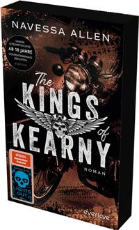 Das Buchcover zeigt ein dunkles, rostbraun-schwarzes Motorradporträt vorn, darüber der Titel in großen, rauen weißen Lettern „The KINGS of KEARNY“ mit einem geflügelten Totenkopf-Logo. Oben steht die Autorin „Navessa Allen“. Links oben ein runder schwarzer Button mit weißer Aufschrift „UNSERE LESEEMPFEHLUNG: AB 18 JAHRE CONTENTWARNUNG BEACHTEN“, unten links zwei Aufkleber, u. a. orange „SPIEGEL Bestseller-Autorin“. Atmosphäre: rau, bedrohlich, bikermotiviert.
